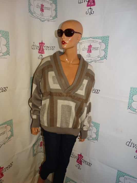 Vintage Sir Beau Tan Leather Patch Sweater Size XL