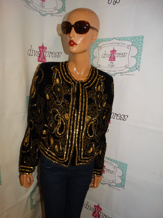Vintage Lawerence Kazer Black Velvet Sequins Jacket Size S