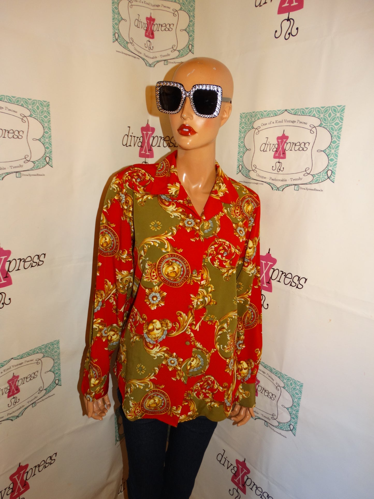 Vintage Le Caviar REd/Gold Versace Style Blouse Size S