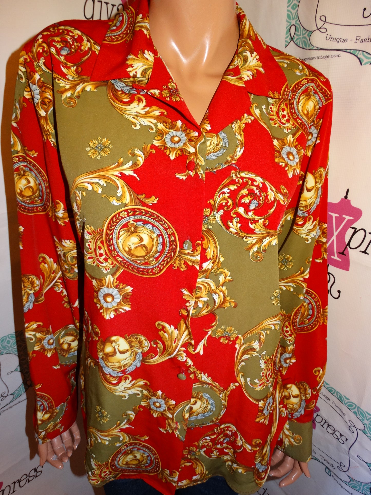 Vintage Le Caviar REd/Gold Versace Style Blouse Size S
