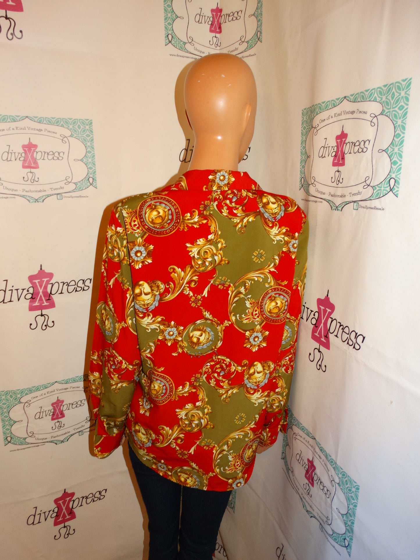 Vintage Le Caviar REd/Gold Versace Style Blouse Size S