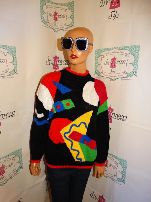 Vintage Pinwheels Black Colorful Sweater Size M-L