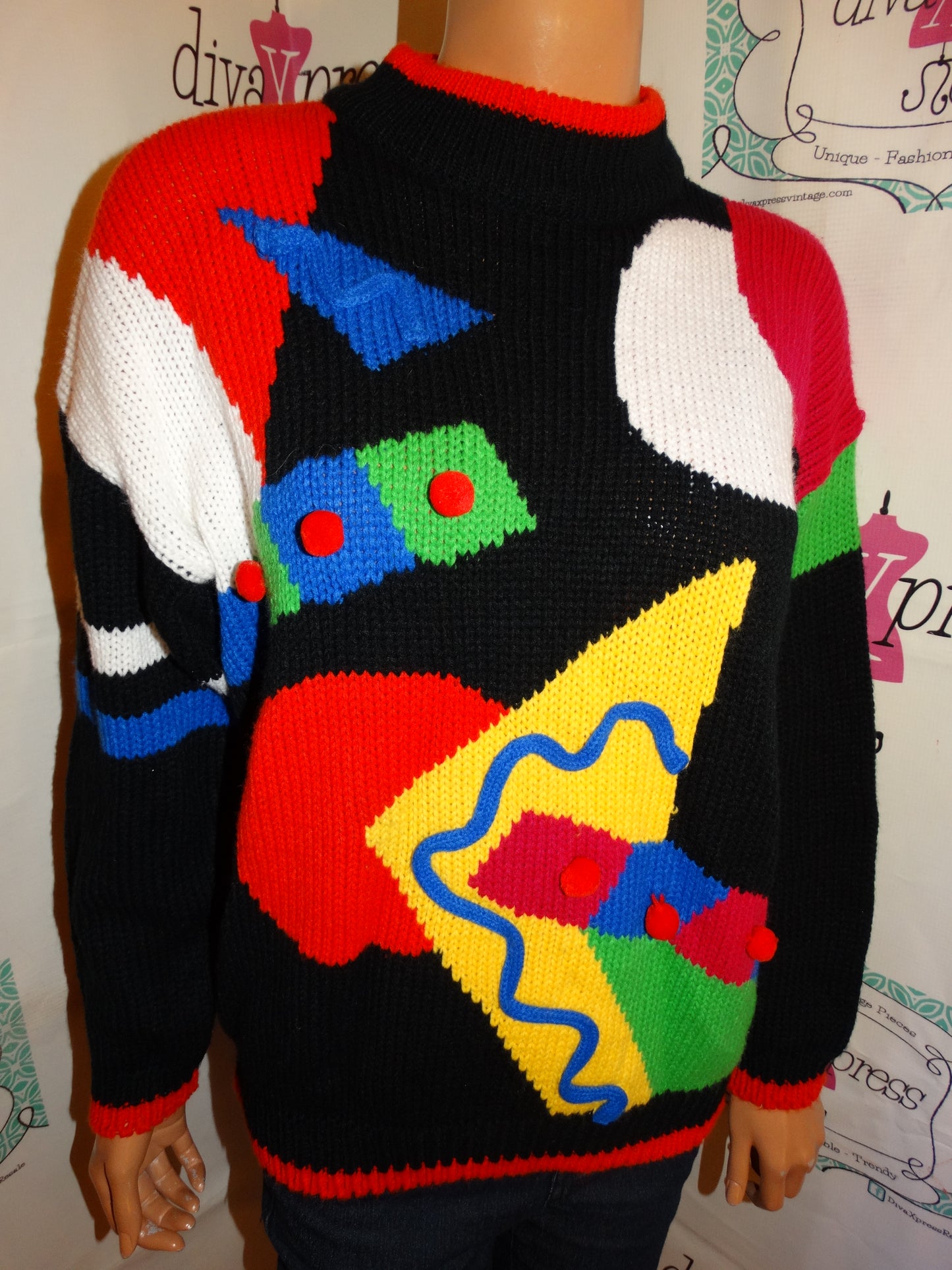 Vintage Pinwheels Black Colorful Sweater Size M-L