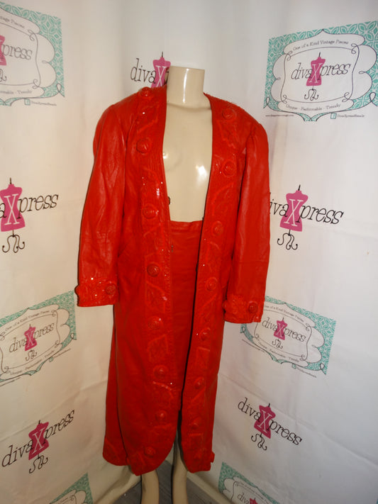 Vintage Red Leather Rose Detail 2 Piece Skirt Set Size XL