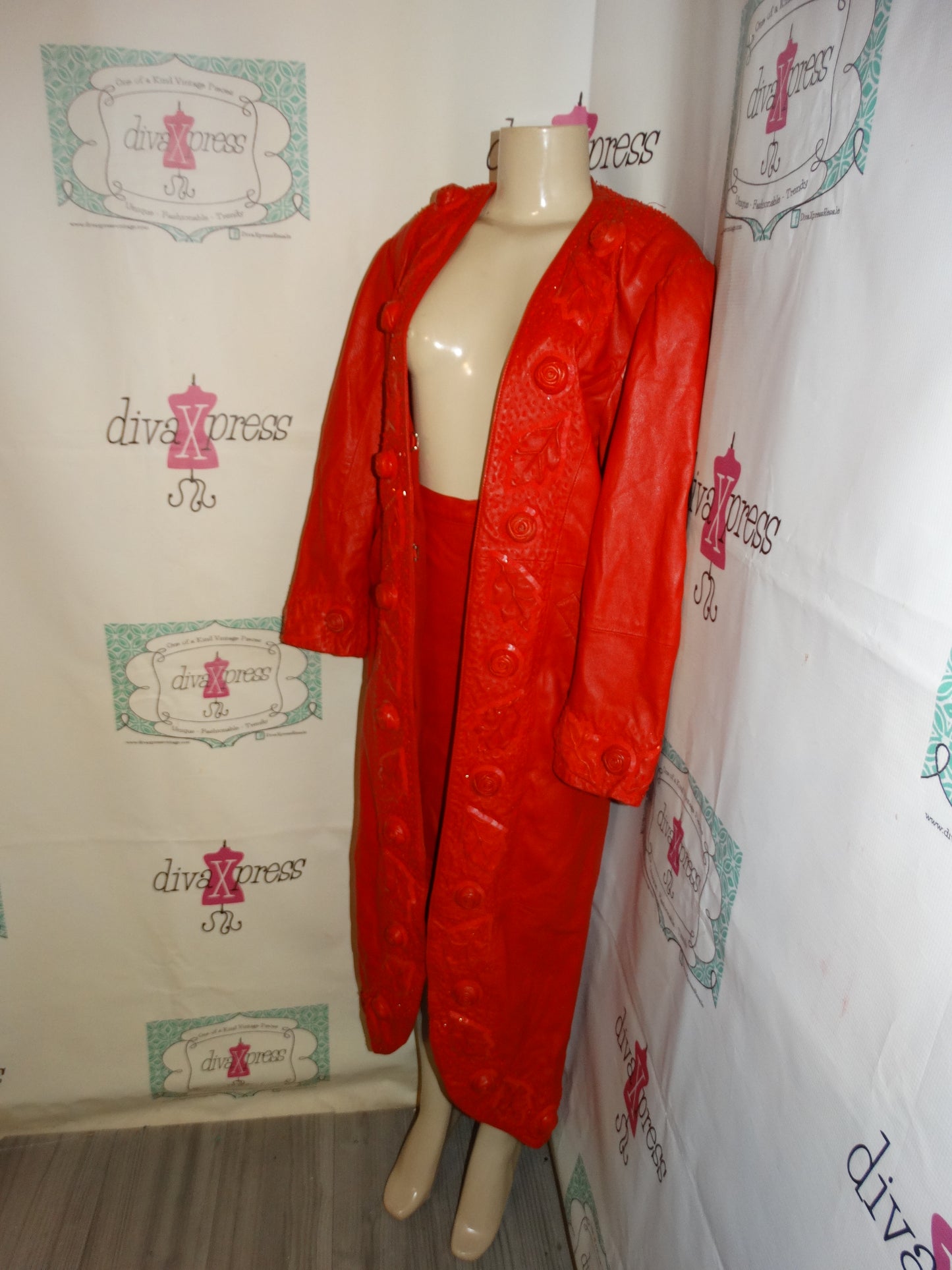 Vintage Red Leather Rose Detail 2 Piece Skirt Set Size XL