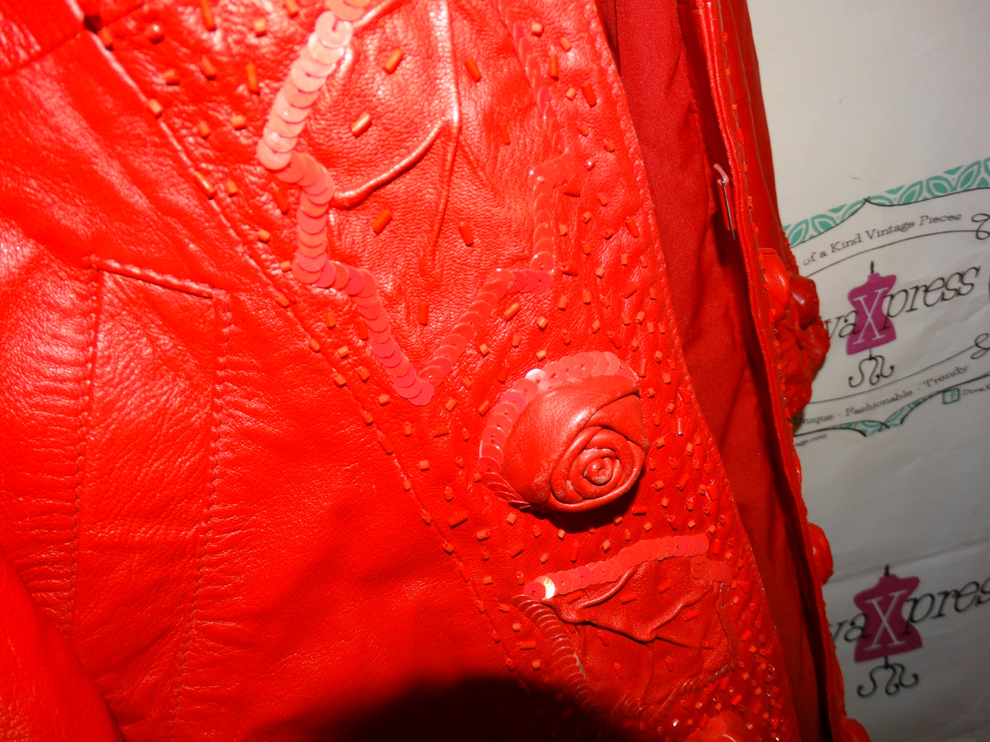 Vintage Red Leather Rose Detail 2 Piece Skirt Set Size XL