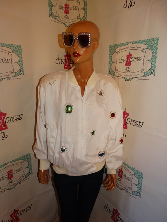Vintage White Beaded Bomber Jacket Size M