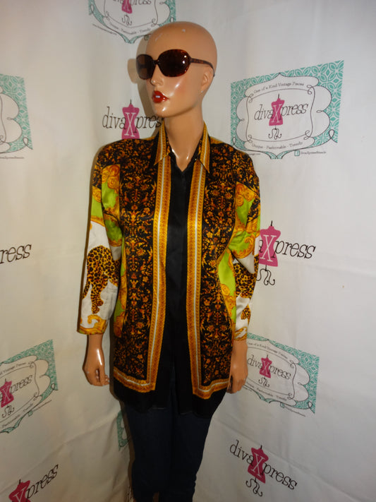 Vintage Versace Syle Lime Green/Black Tiger Blouse Size L