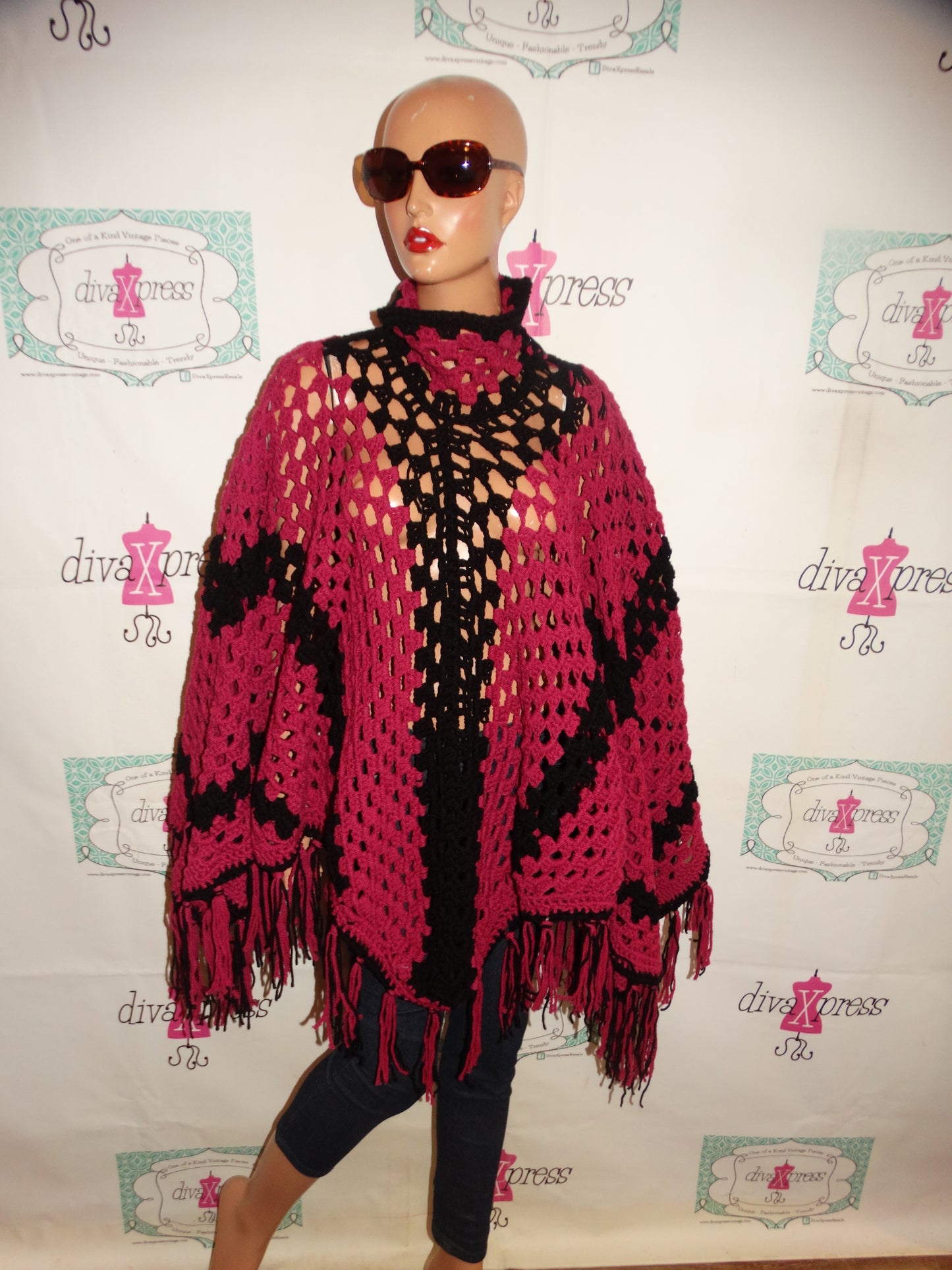 Vintage Pink/Black Poncho Size  1 Size Fits All