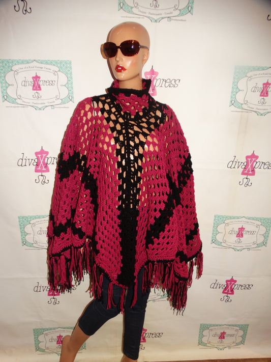 Vintage Pink/Black Poncho Size  1 Size Fits All