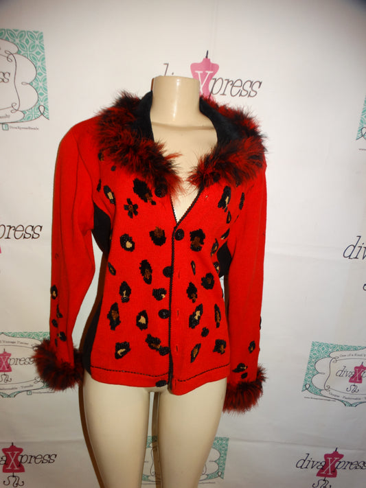 Vintage Berek Red Leopard Feather Sweater Size L