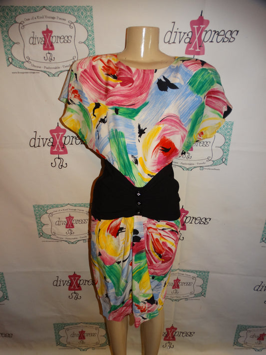 Vintage Kevan Hall Couture White Colorful Dress Size M