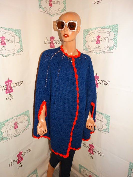 Vintage Red/Blue Crochet Poncho Size 2x