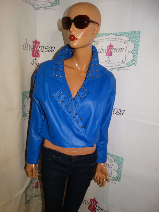 Vintage Royal Blue Leather Silver Beaded Jacket Size L