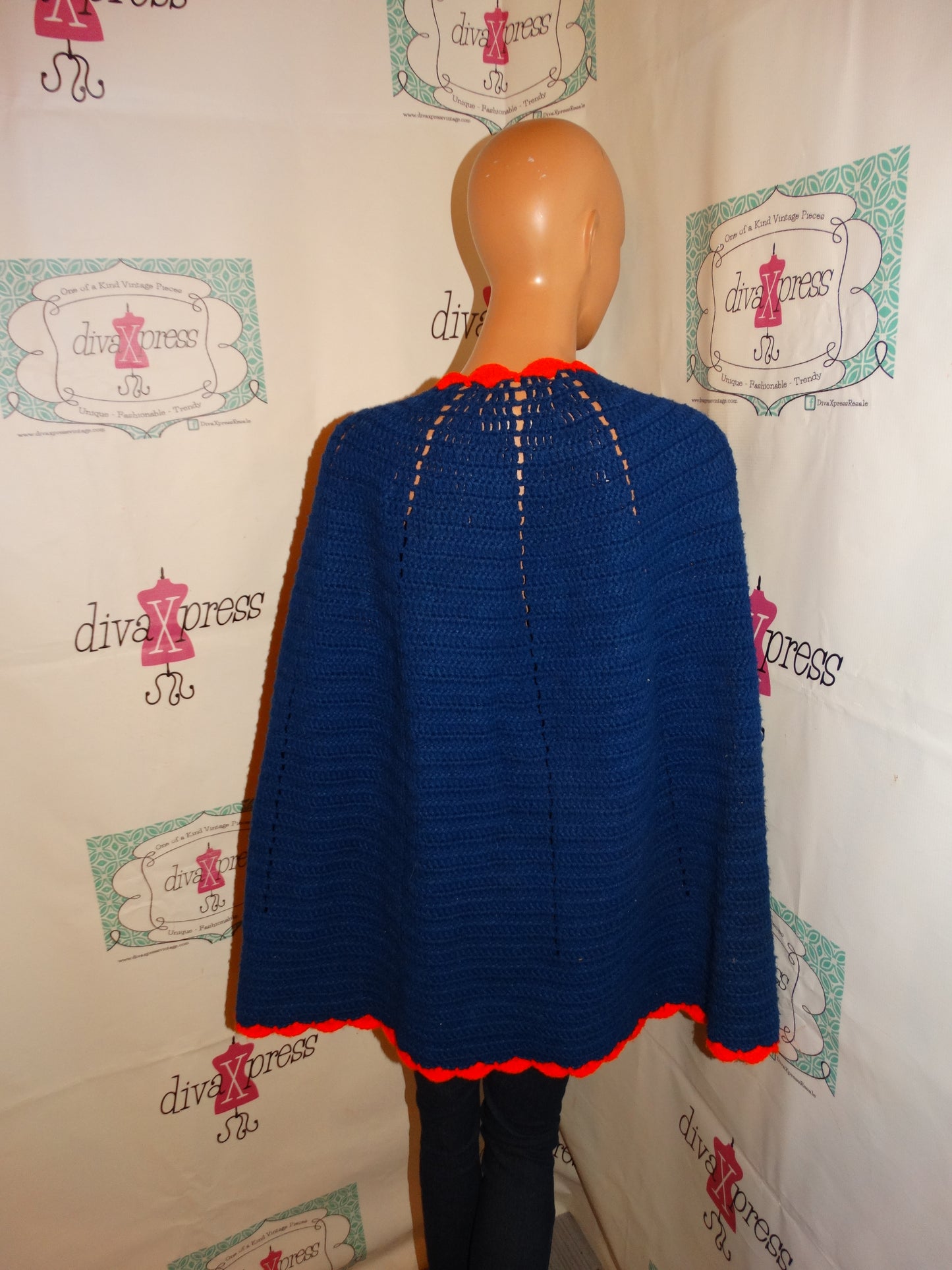 Vintage Red/Blue Crochet Poncho Size 2x