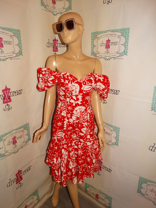 Vintage Richie Freeman Red/White Floral Off Shoulder Dress Size S