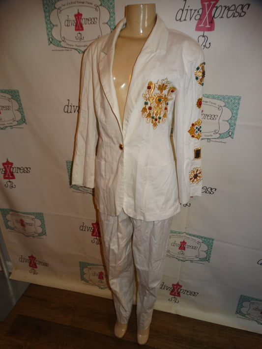 Vintage Jenna 2 Piece White beaded Suit Size L