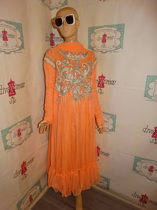 Vintage Peach/ Silver Heavy Lace Beaded Dress With XXL Scarf Size M