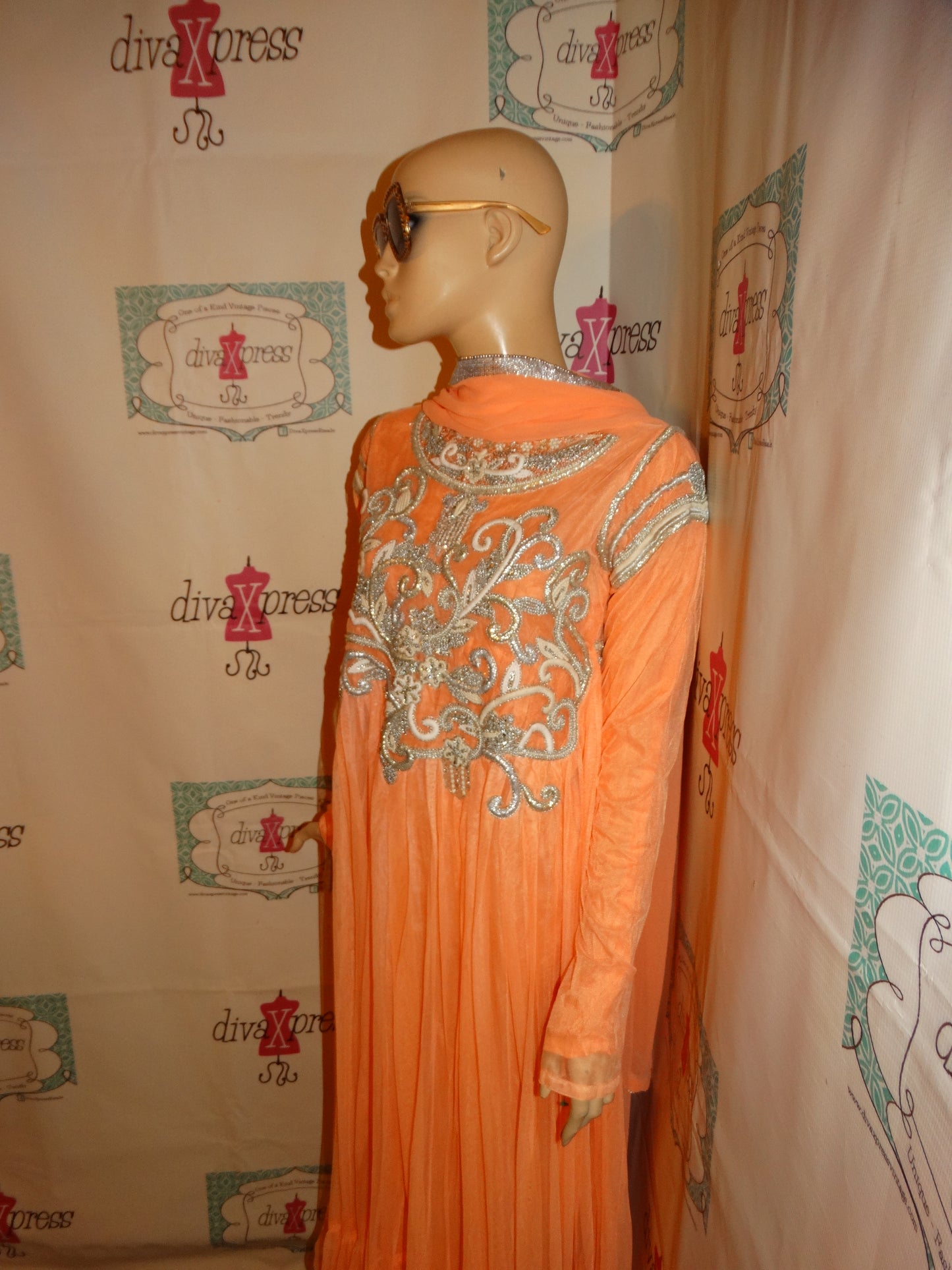 Vintage Peach/ Silver Heavy Lace Beaded Dress With XXL Scarf Size M