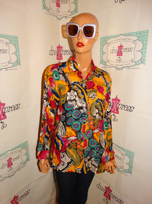 Vintage OSC Black Colorful Floral Blouse Size M