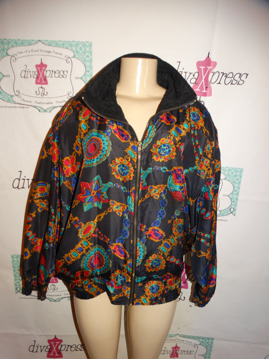 Vintage Lavon Black Silk Colorful Bomber Jacket Size 1x