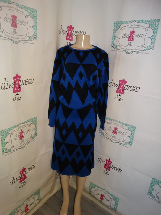 Vintage Jessica LTD Blue/Black Sweater 2 Piece Skirt Set Size L