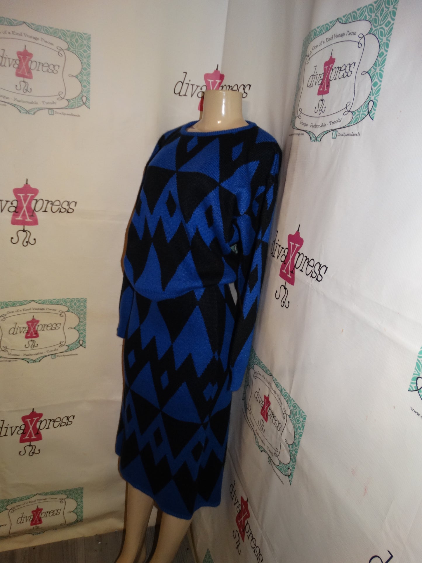 Vintage Jessica LTD Blue/Black Sweater 2 Piece Skirt Set Size L