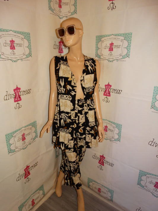 Vintage Jane Ricca Black Tan Aztec 2 Piece Pants Set Size L