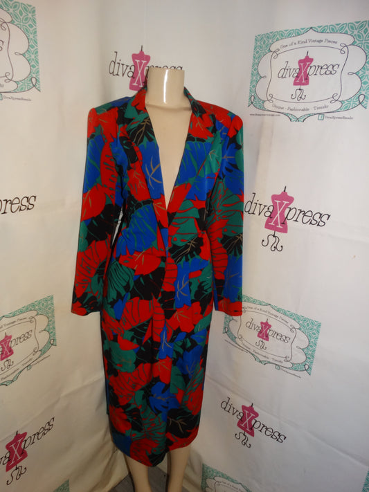 Vintage Tan Jay Green/Blue Floral 2 Piece Skirt Set Size XL