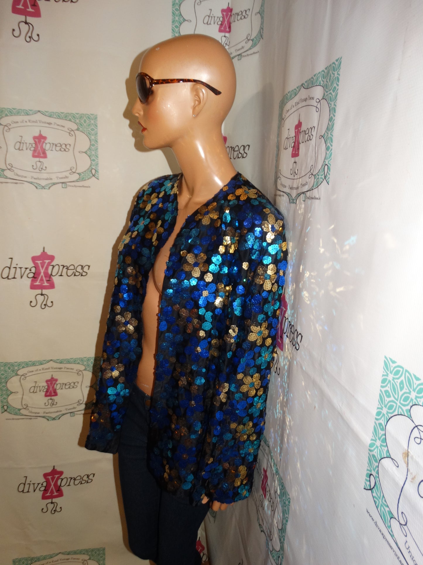 Vintage Sequins Blue/Gold Throw Size L