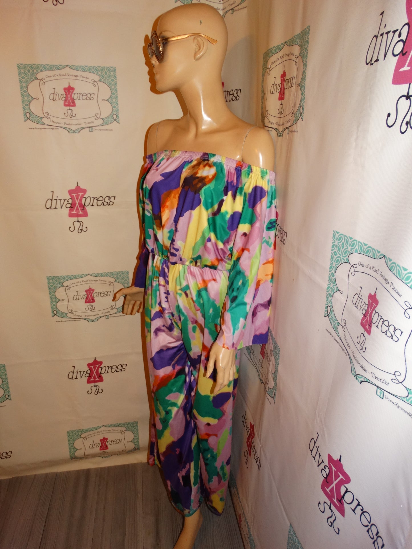 Vintage Purple/Green Off Shoulder Romper Size M