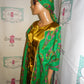 Vintage The African Village Green Mask Blouse With Tie Size 2x