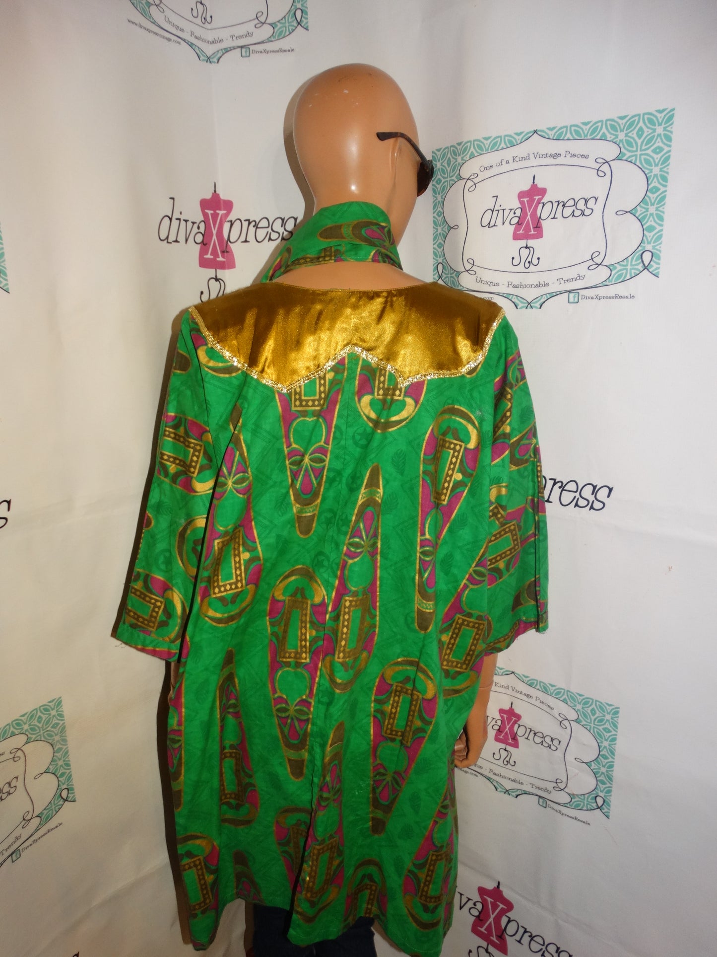 Vintage The African Village Green Mask Blouse With Tie Size 2x