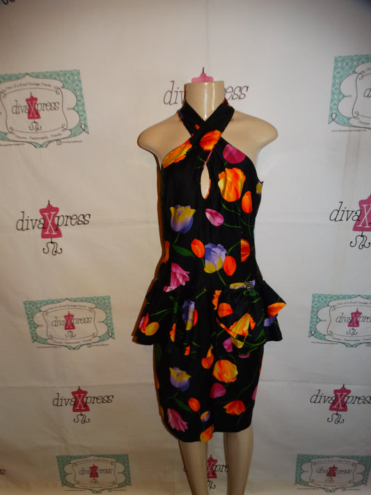 Vintage Lillie Rubin Black Floral Peplum Dress Size M