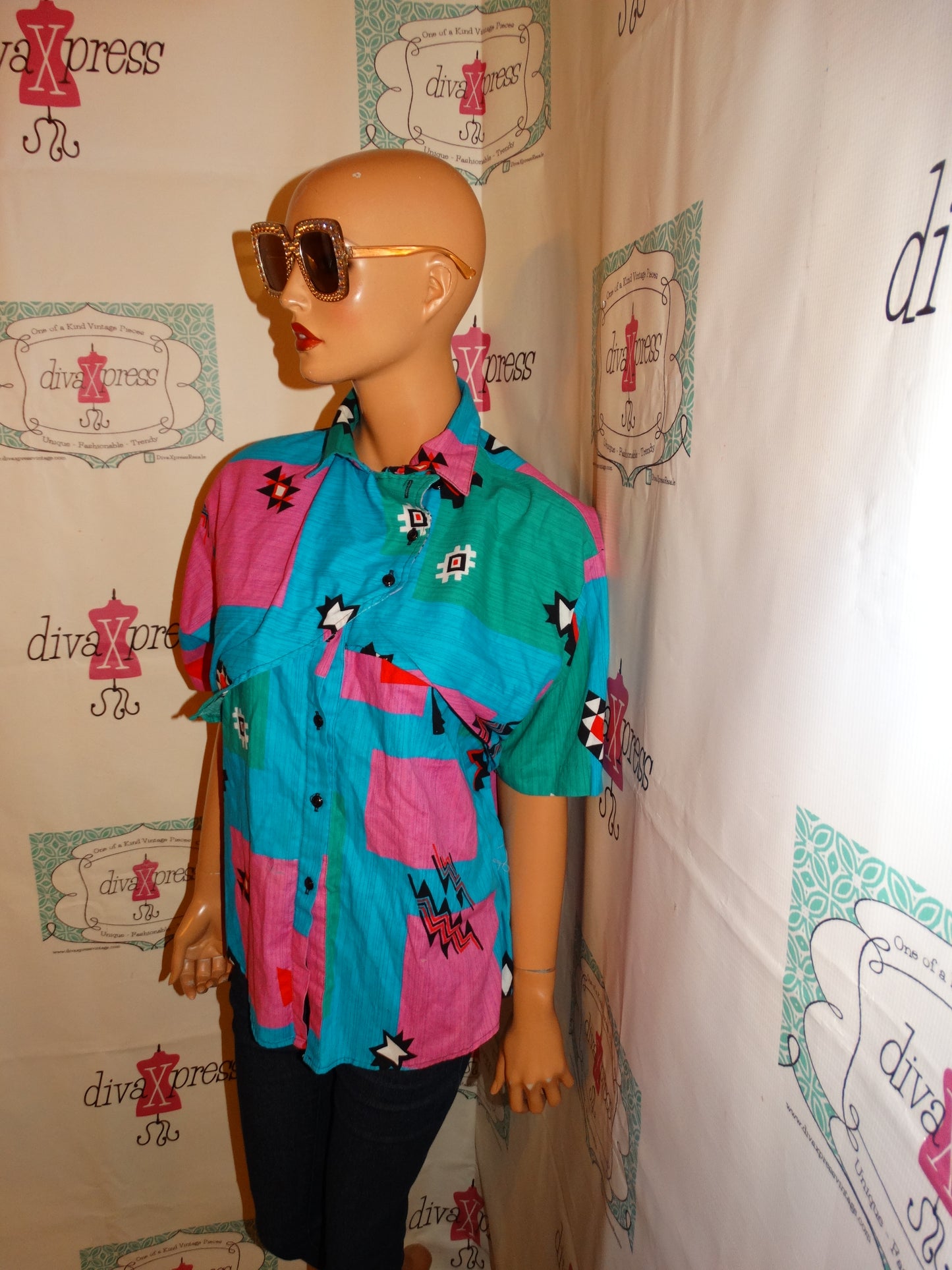 Vintage Rafter Blue/Pink Blouse Size 1x