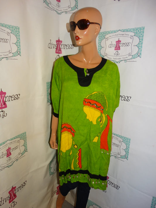 Vintage The African Scene Green Face Top Size 2x