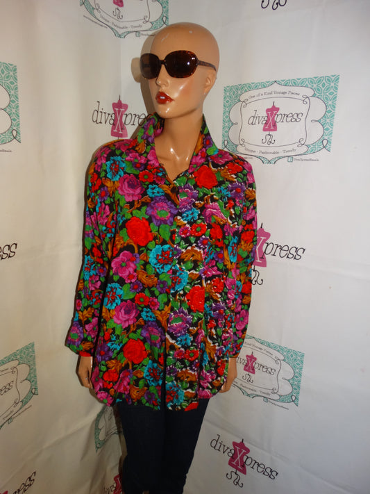 Vintage Why Not Black Floral Blouse Size XL