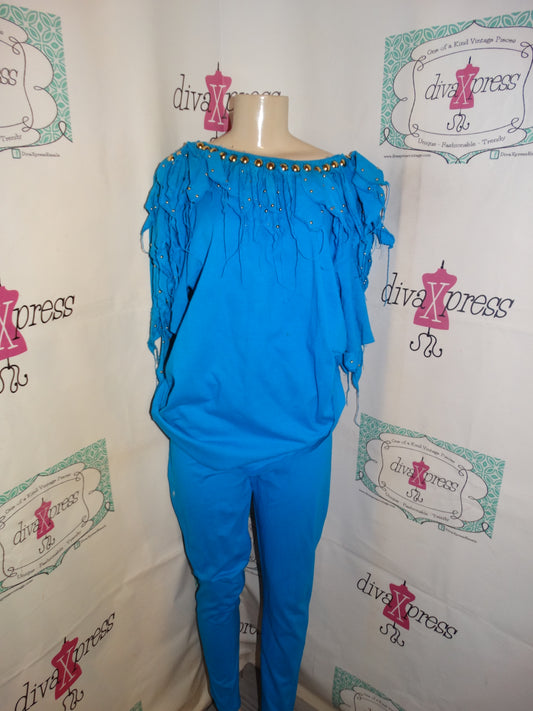 Vintage Risky Blue beaded Shingle 2 piece Pants Set Size XL