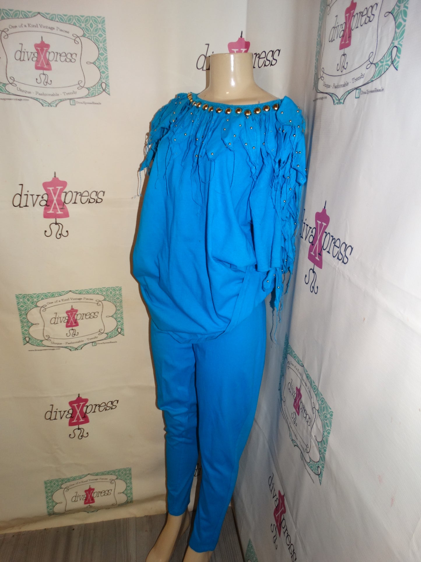 Vintage Risky Blue beaded Shingle 2 piece Pants Set Size XL