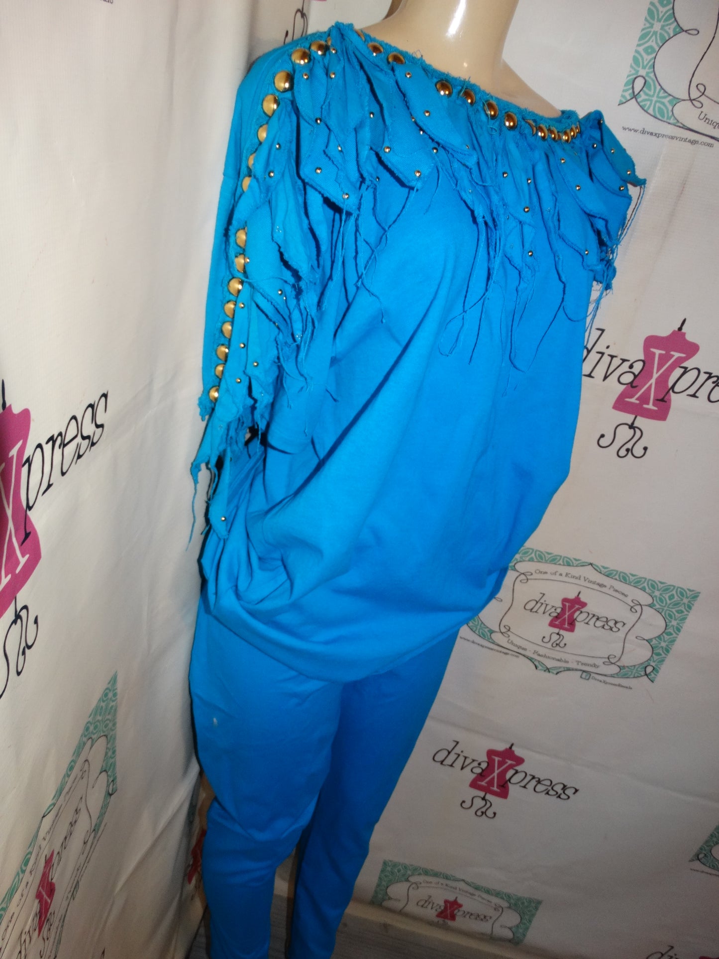 Vintage Risky Blue beaded Shingle 2 piece Pants Set Size XL