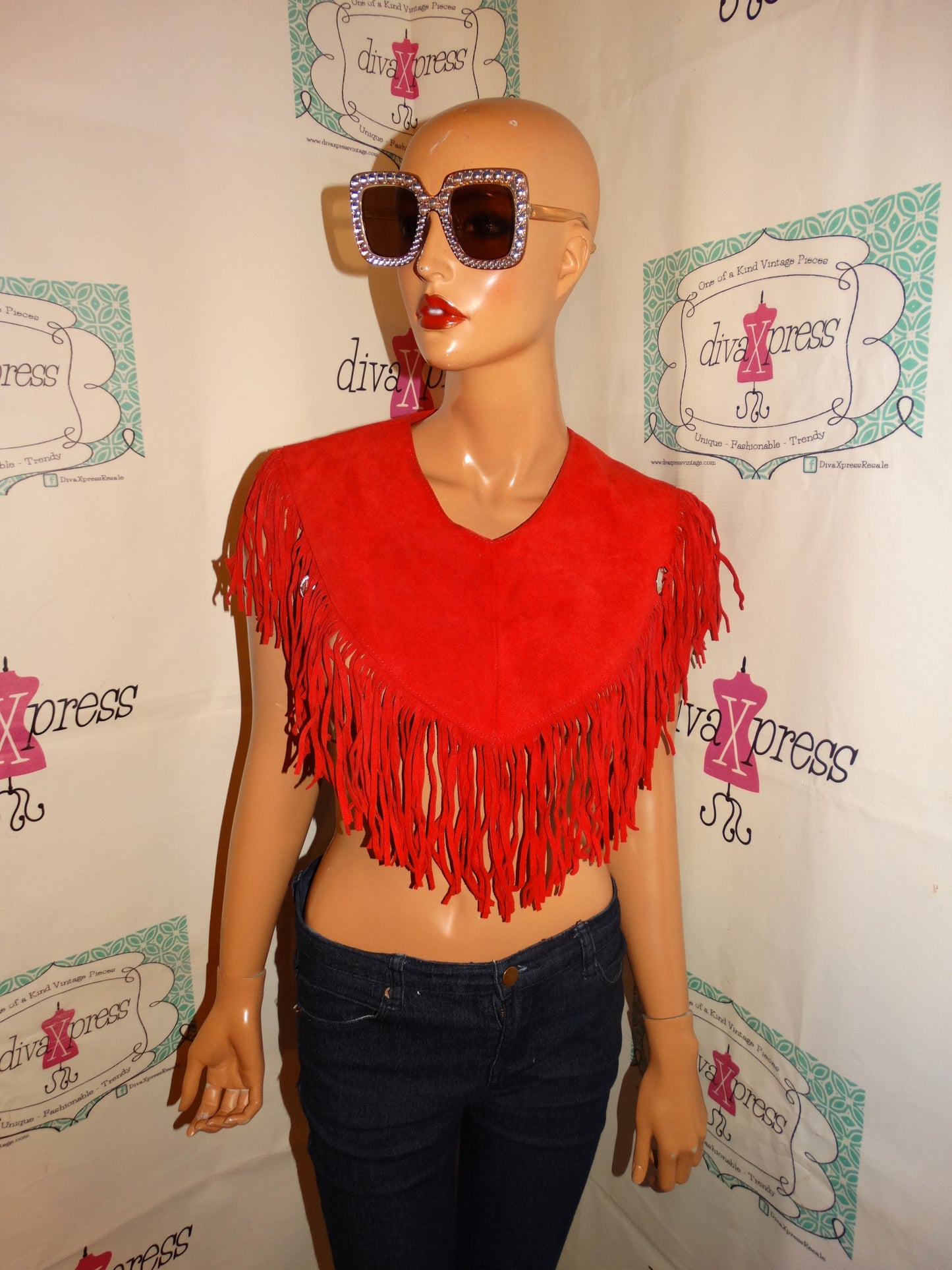 Vintage Red Suede Shingle Short Poncho Size S