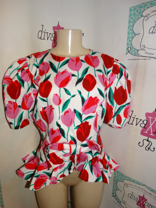 Vintage Raul Lanco White Pink Floral Peplum Blouse Size S
