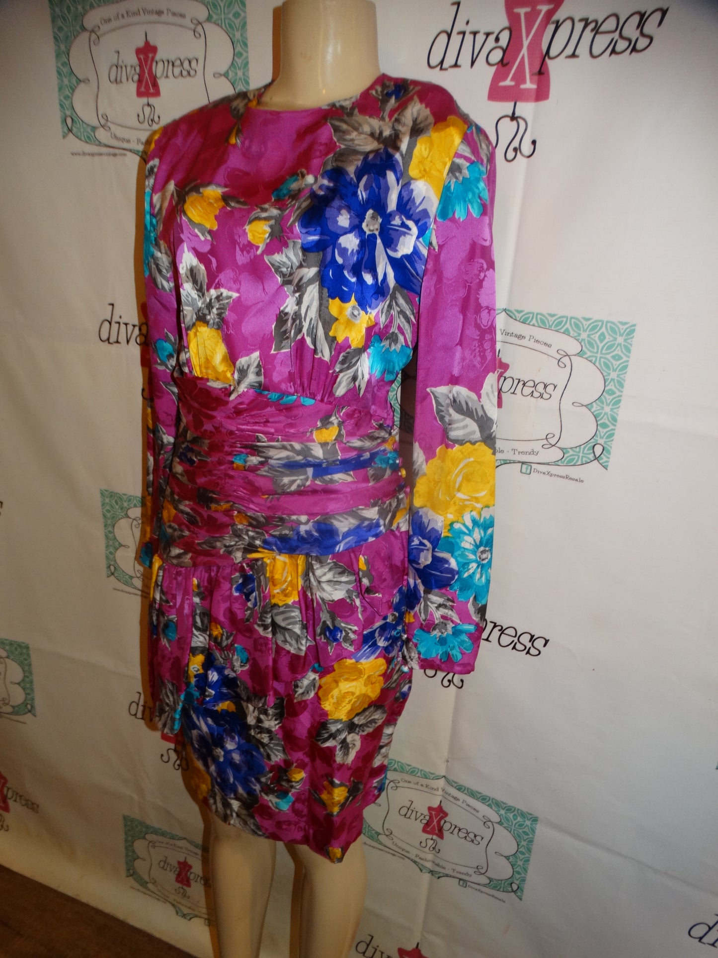 Vintage Courtenay Silk Pink Floral Dress Size M