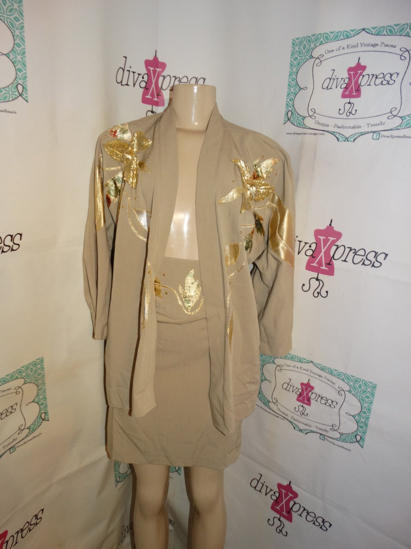 Vintage S & S Sensations Tan Gold Beaded 2 Piece Skirt Set Size 1x