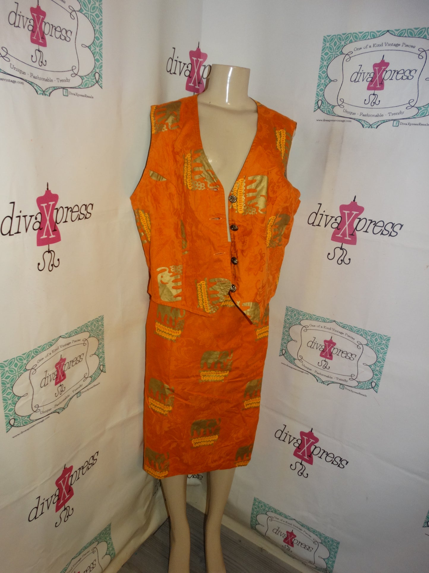 Vintage Orange/Gold Elephant Vest Skirt Set Size L