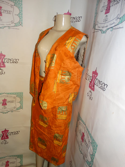 Vintage Orange/Gold Elephant Vest Skirt Set Size L