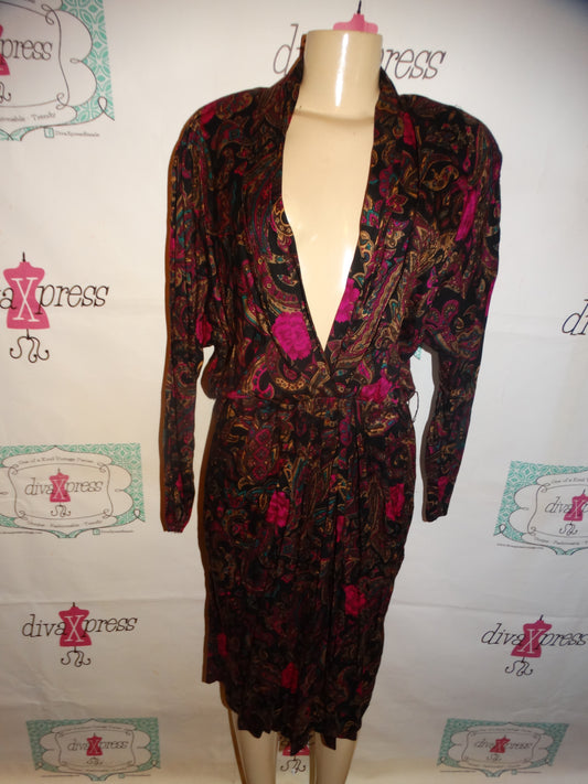 Vintage Leslie Fay Black Colorful Floral Dress Size L
