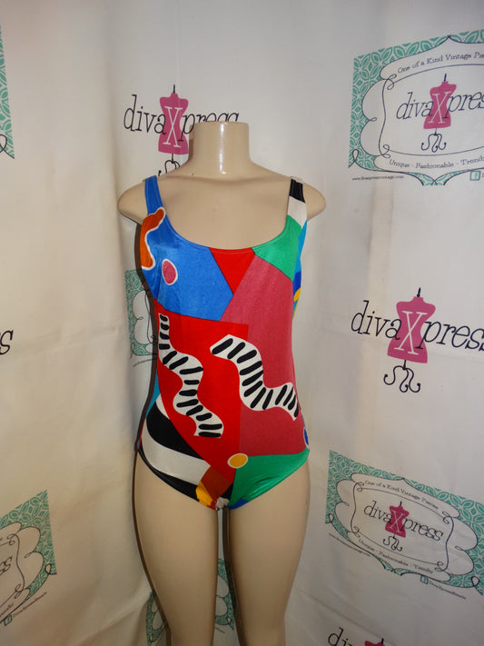 Vintage Sirena Blue Colorful Bathing Suit Size L
