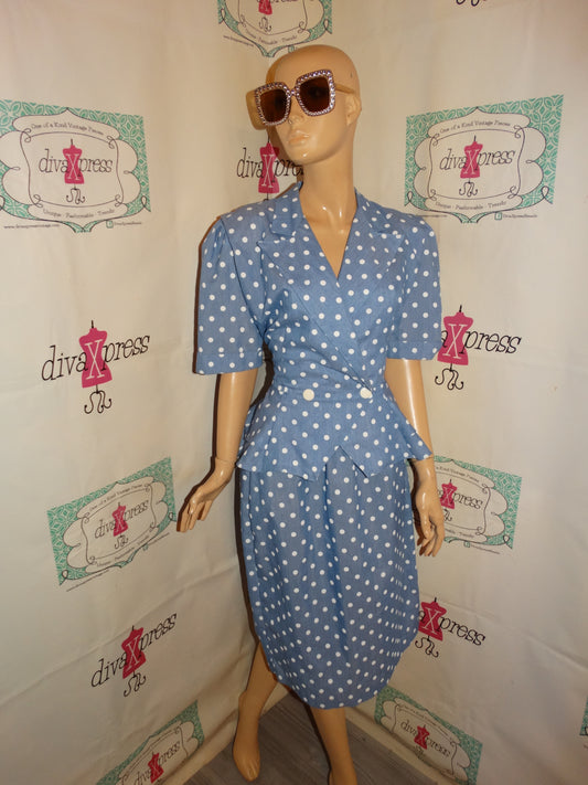 Vintage Just Ducky Blue/White Polka Dot 2 Piece Peplum Skirt Set Size XL