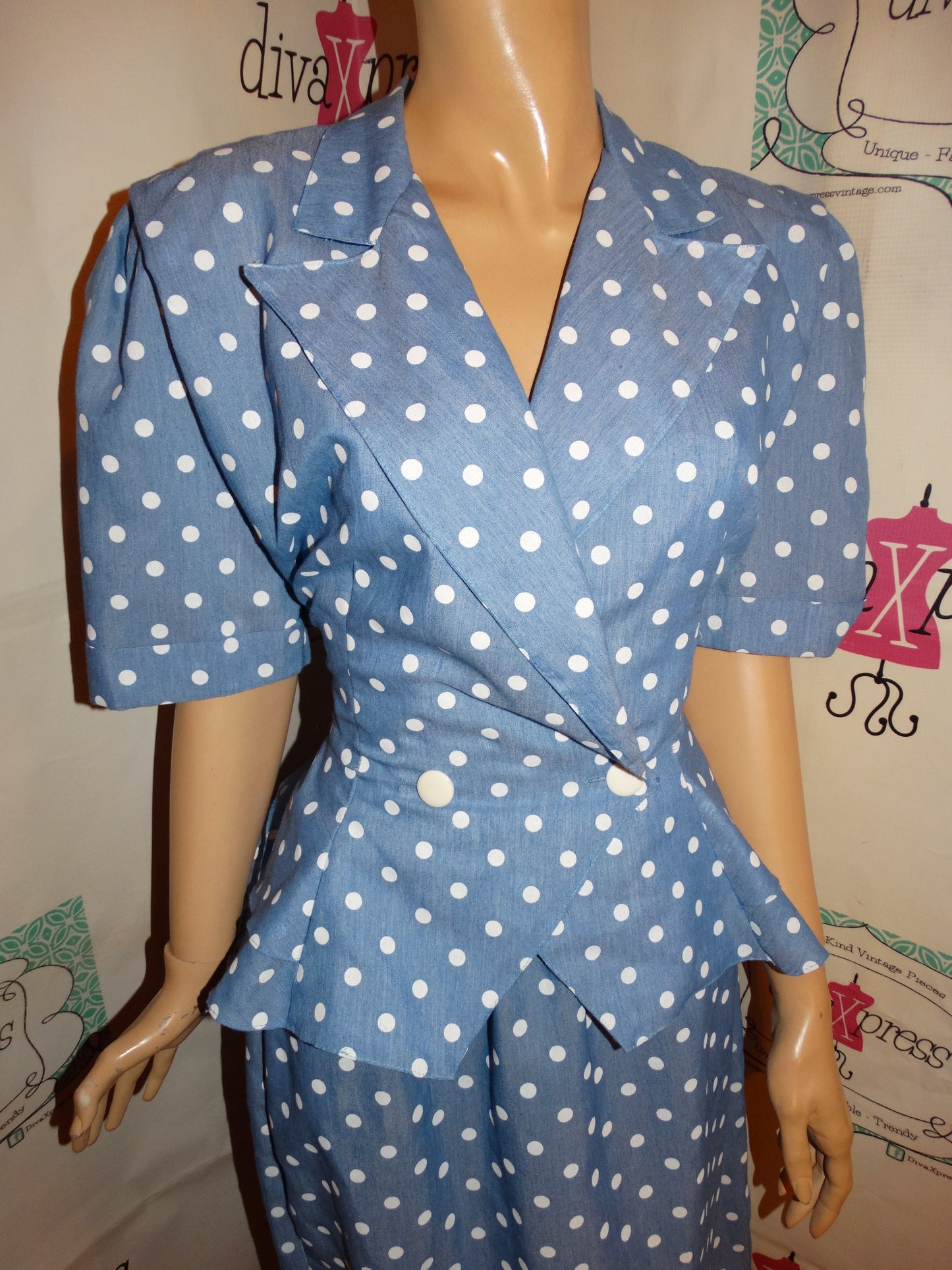 Vintage Just Ducky Blue/White Polka Dot 2 Piece Peplum Skirt Set Size XL